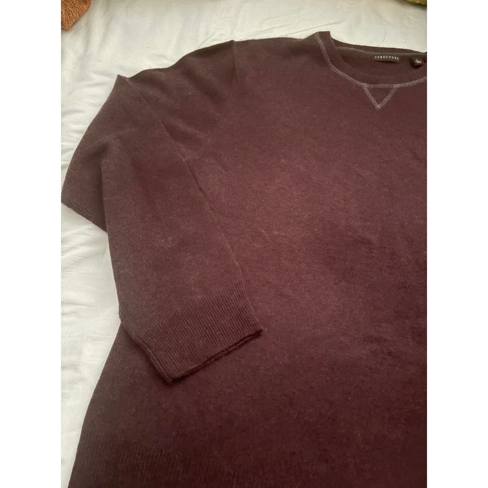 Structure Mens 100% Cashmere Sweater Burgundy‎ Crewneck V-Stitch Made in Japan L